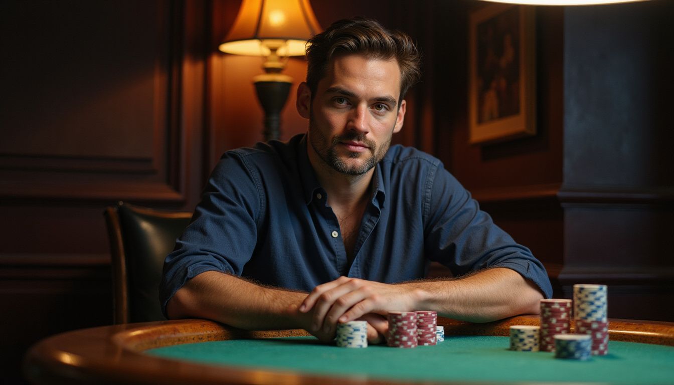 A man sits at a poker table, contemplating his next move.
