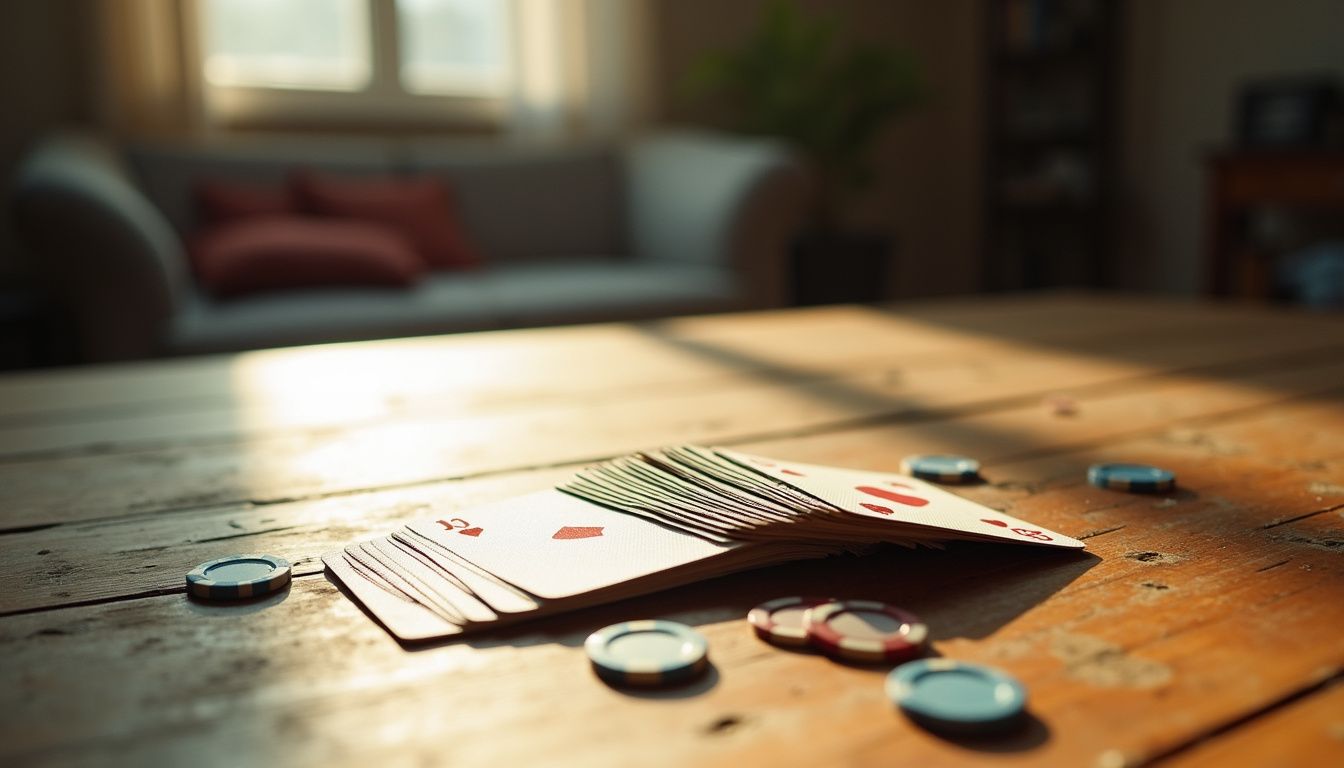 A deck of playing cards and scattered poker chips on a weathered table.