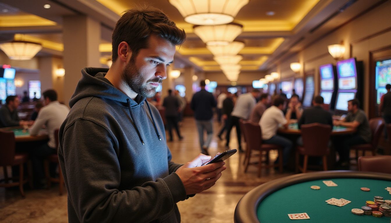 A man in a hoodie scrolls through the Bravo app in a busy casino lobby.
