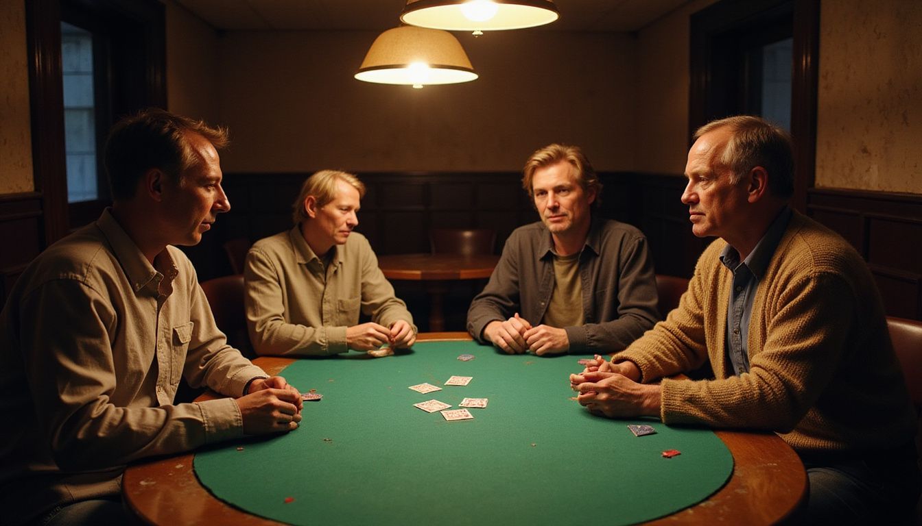 A group of middle-aged poker players in a dimly lit room.