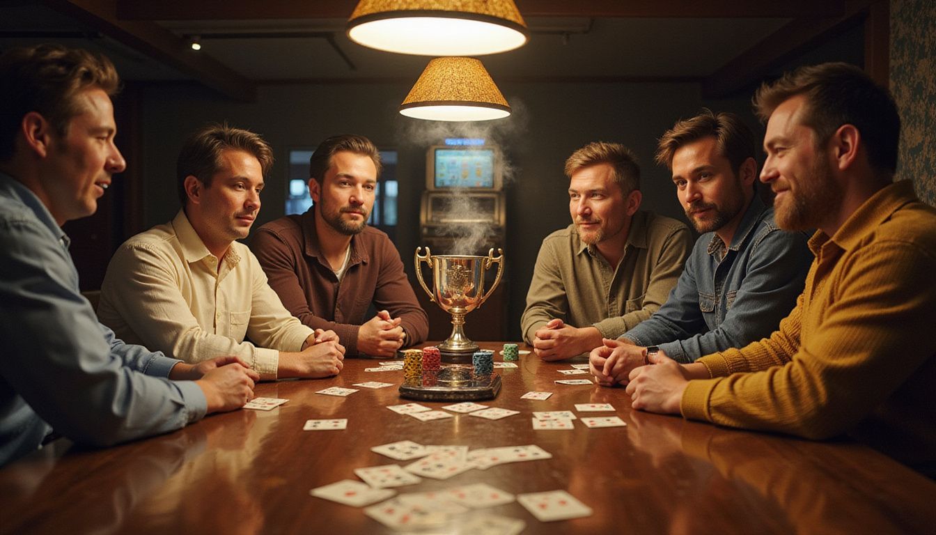 A diverse group of poker players around a table in a casino.