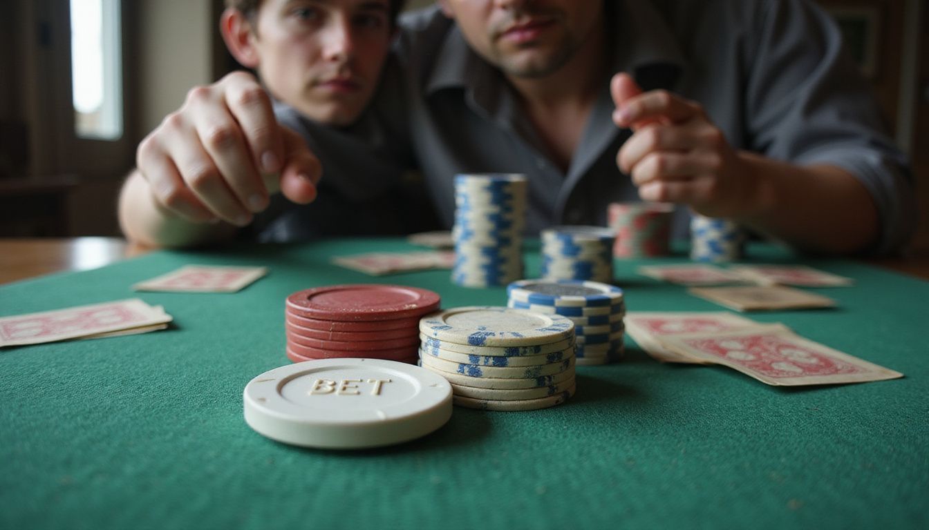 Close-up of a poker table with chips, cards, and a player.