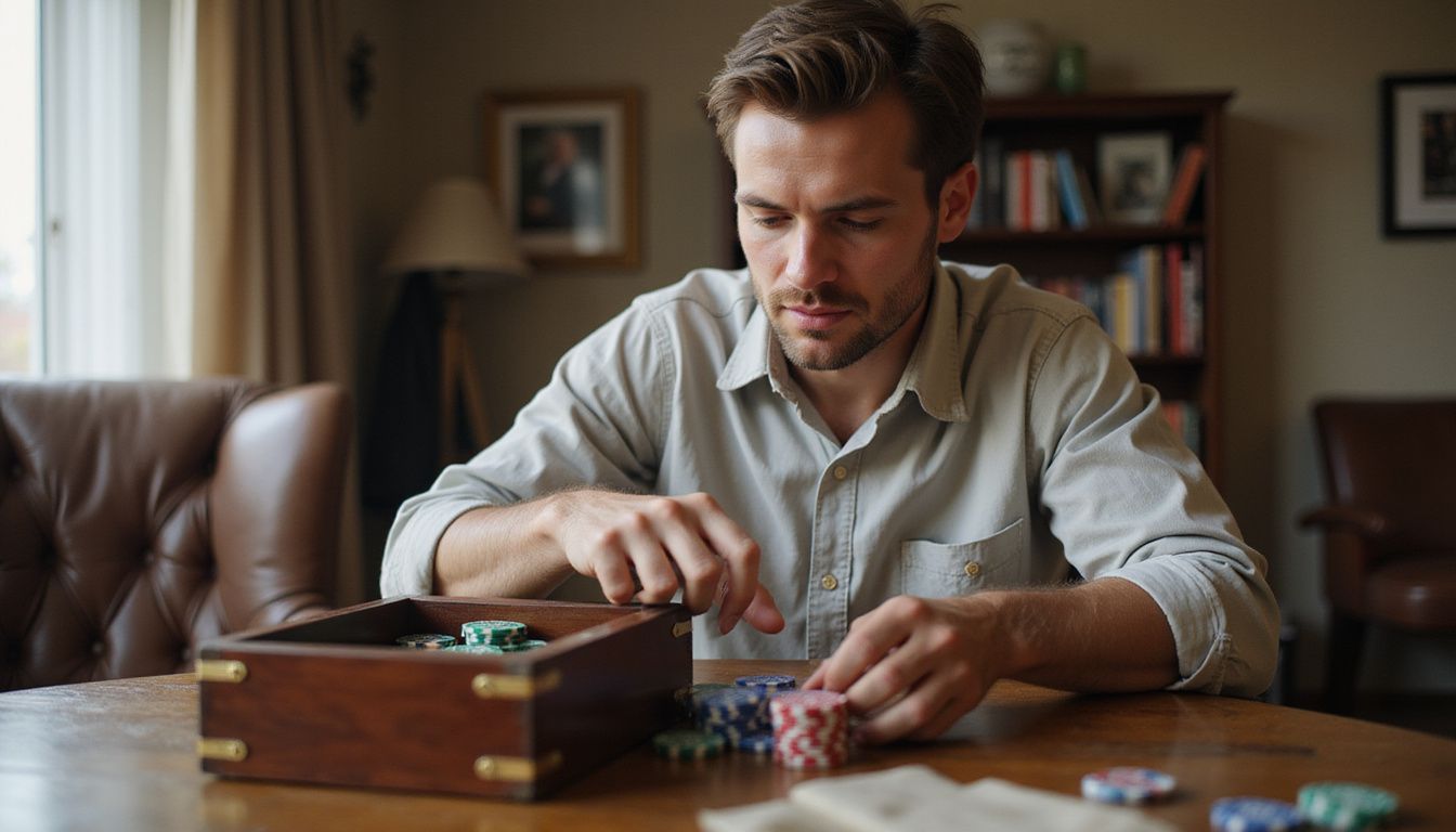 A man sits at a wooden poker table, counting chips.