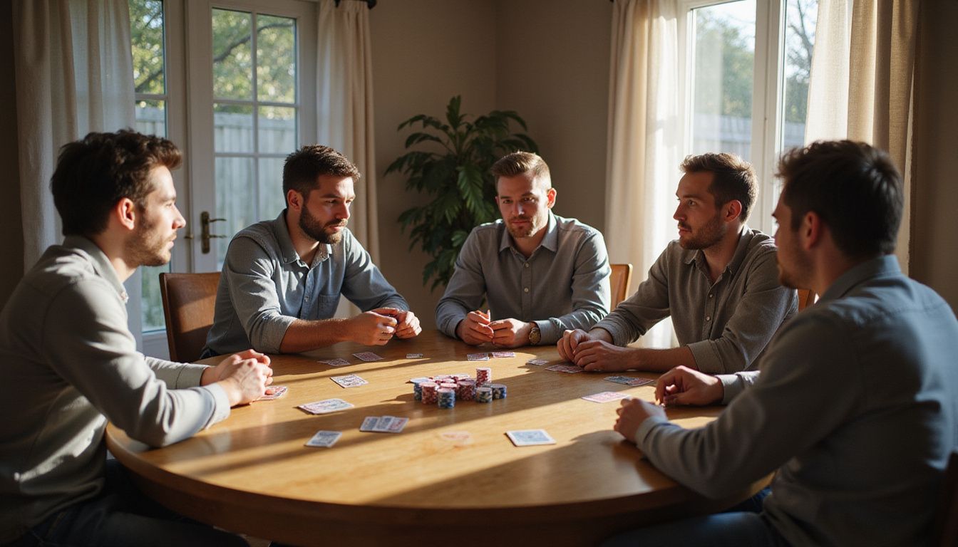 Five men playing poker at an oak table in a cozy living room.