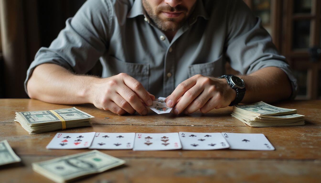 A man plays poker at a worn wooden table with money and cards.
