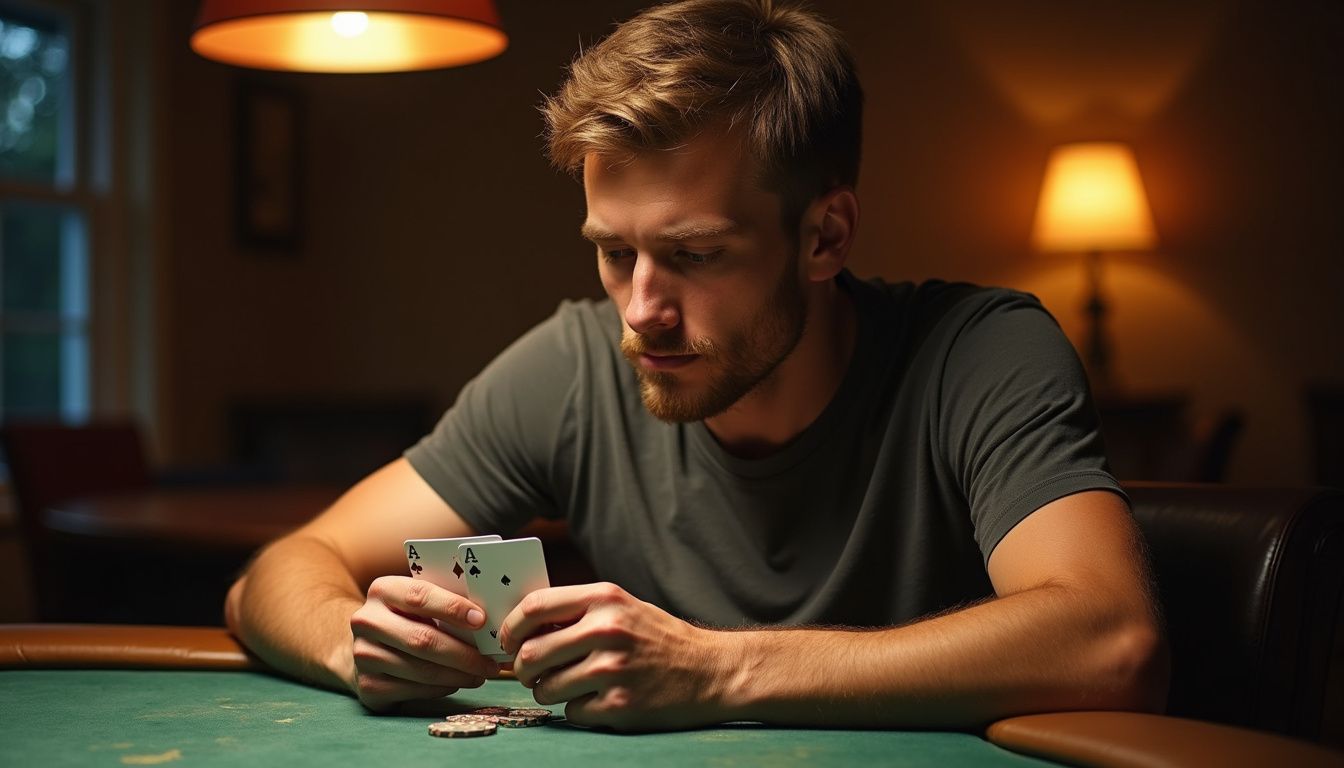 A man in his 30s with a hesitant expression playing poker.