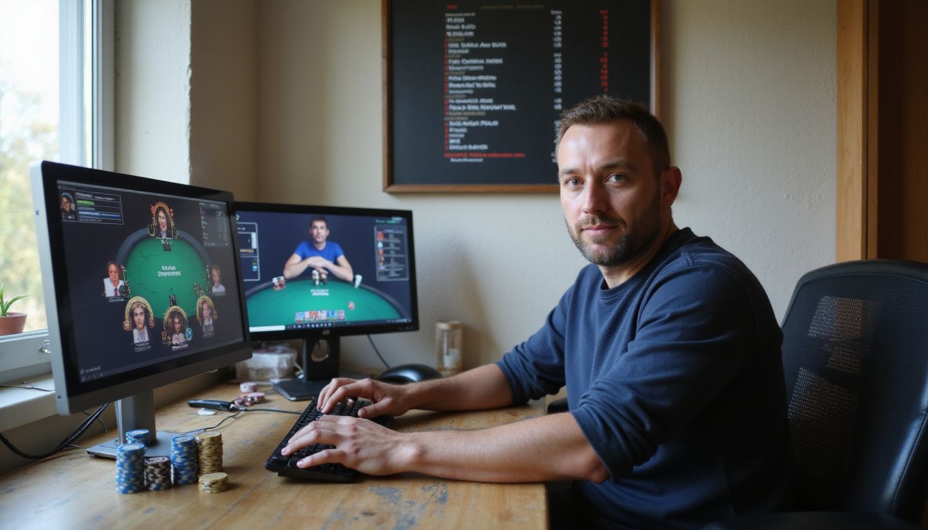 A cluttered home office with a man playing online poker.