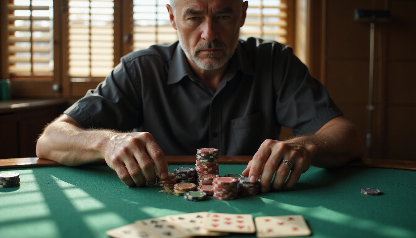 A poker player focused on the game at a well-used poker table.
