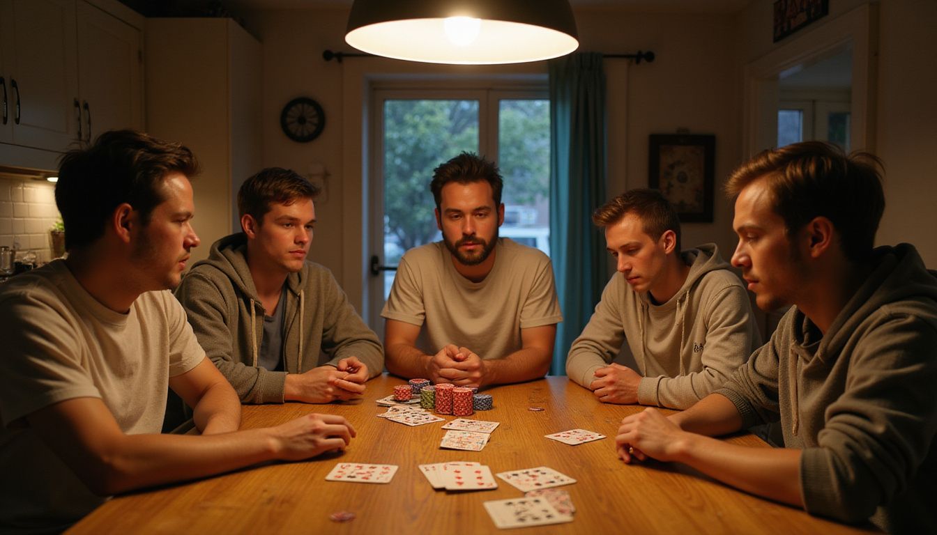 Five young adults play poker around a worn kitchen table.